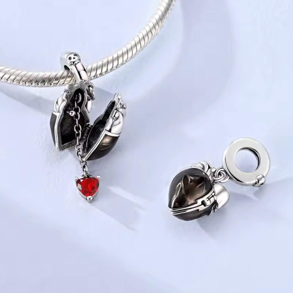 Sterling Silver Black Heart Locket Charm with Red Crystal Dangle